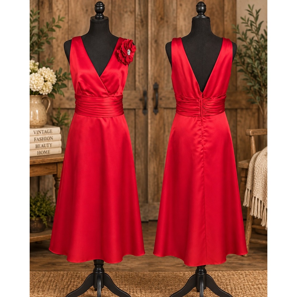 Positive Attitude Red Satin Formal Dress Size 16 Y2K Flower Brooch Evening Gown